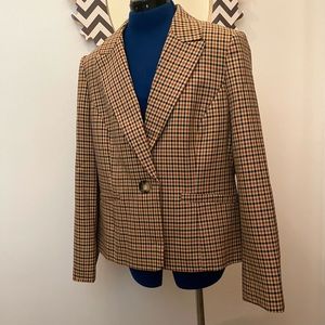 Kasper One Button Blazer, Size 14, Tan, Red and Navy Plaid, NWT